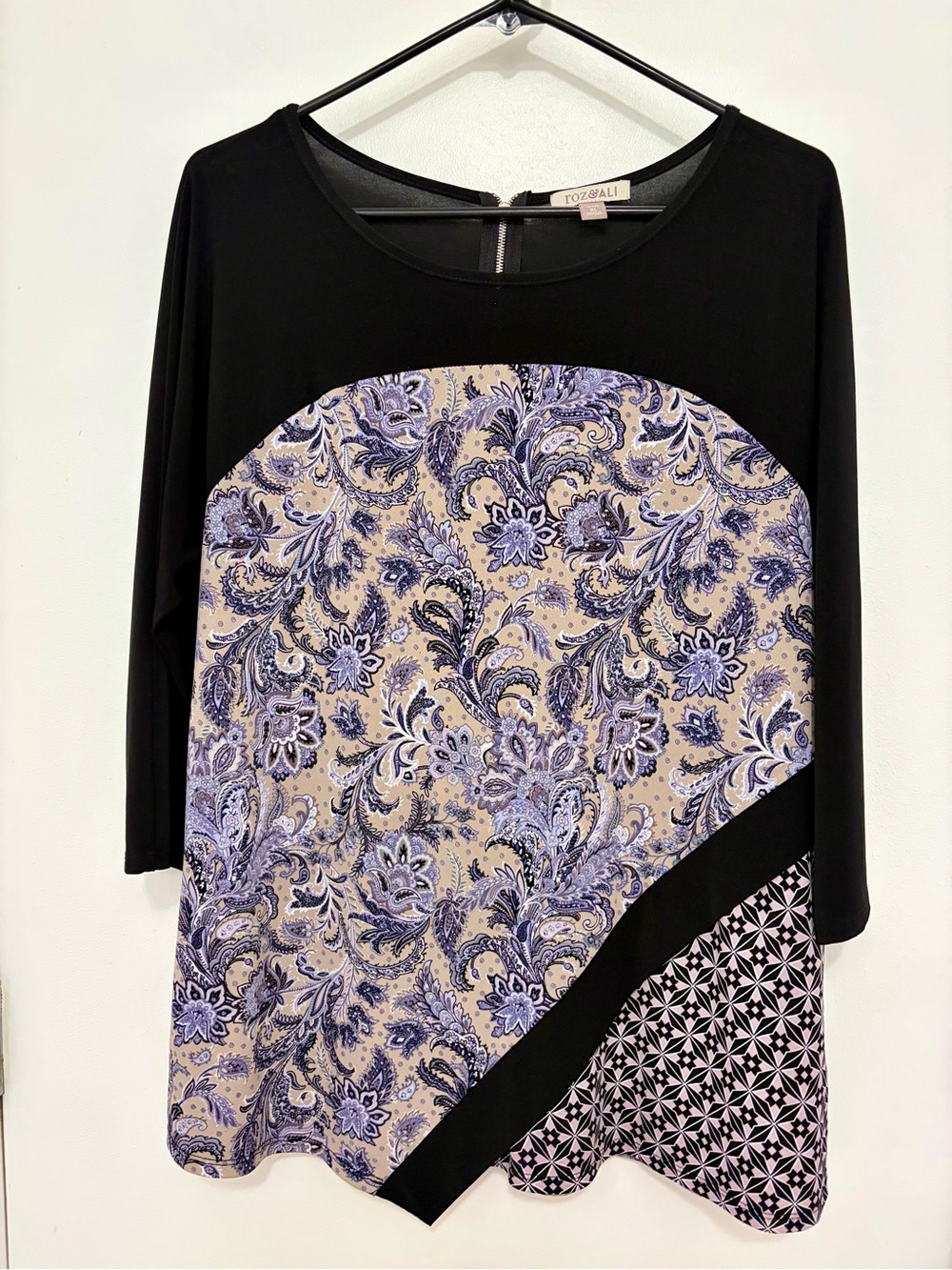 Roz & Ali Black Top with Lavender Paisley and Geometric Panels